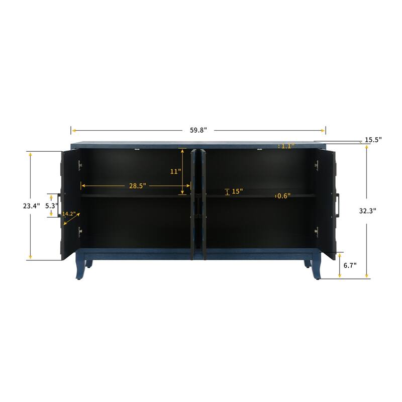4 Door Wooden Twill Sideboard American Country Vintage Old Living Room