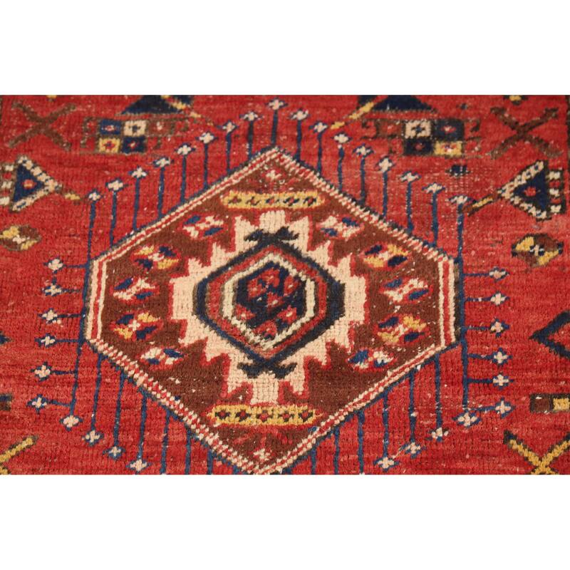 Hand Knotted Oriental 100% Wool Carpet Traditional Geometric Oranges & Rust Heriz Runner Rug - 10' 4'' X 2' 7''