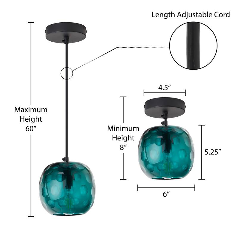 Quinn River of Goods Black Metal and Hand Blown Glass 6-Inch Pendant Light with Adjustable Hanging Cord - 6" x 6" x 60"