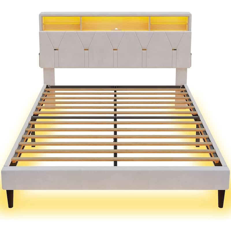 Bed Frame Storage Headboard RGB LED Lights Upholstered Platform