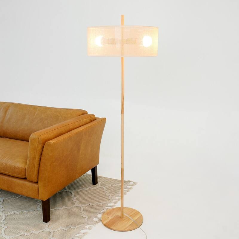 Modern Natural Oak Living Room Floor Lamp with Linen Shade - Brown