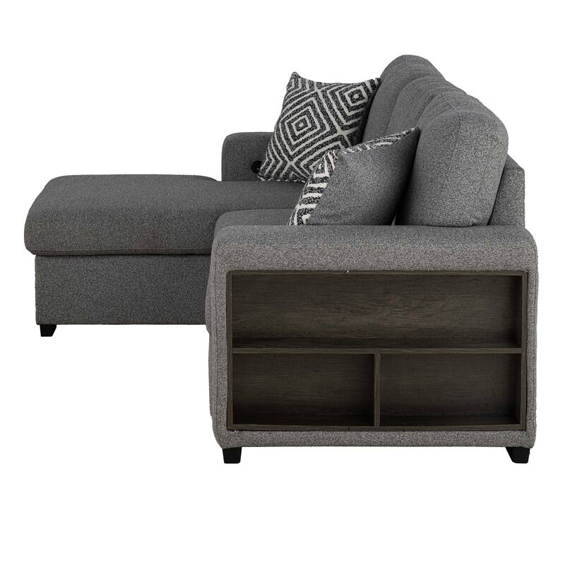 Furniture of America Oswin Modern Grey Pull-Out Sleeper Sofa Sectional with Storage Shelves and USB Ports
