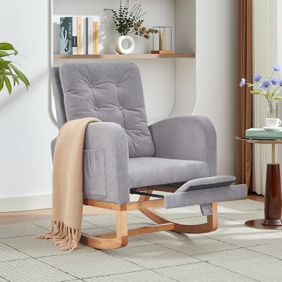 Javlergo Small Space Rocking Chair with Pull-Out Pedals Solid Wood Legs Glider Chair for Nursery with Two Side Storage Pockets