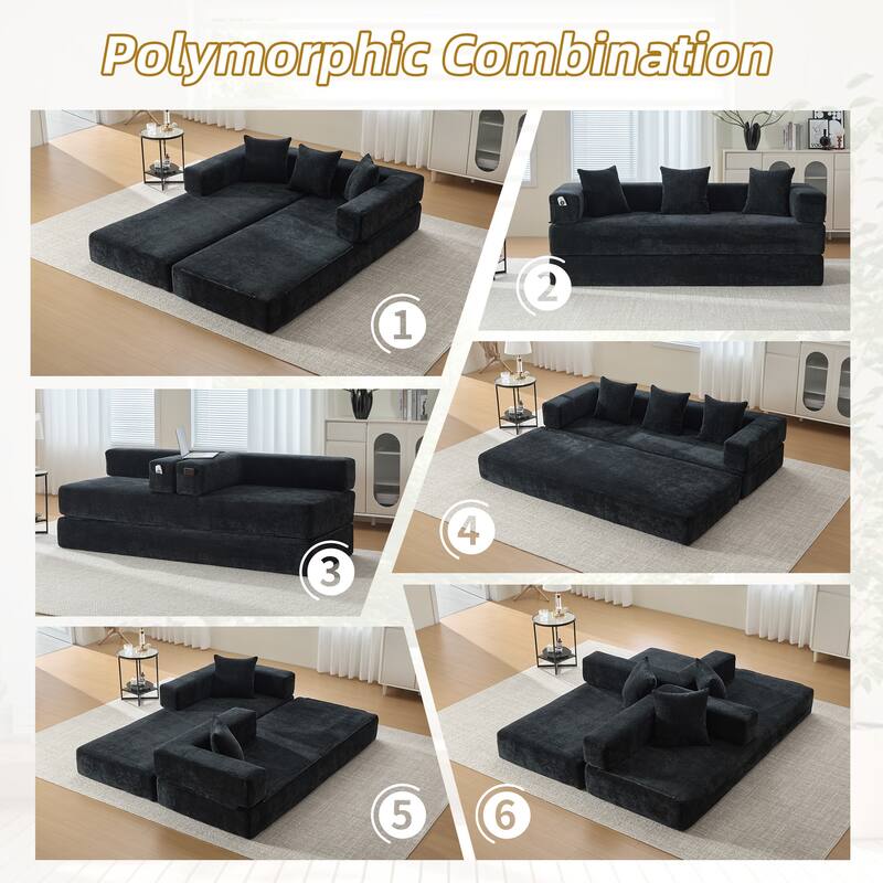 HOMEFUN Chenille Upholstered Convertible Foldable Memory Foam Sleeper Sofa with Pillows for Living Room