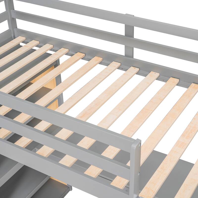 Wood Twin/Full Size Loft Bed with Built-in Desk and Shelves, Twin/Full Bedframe w/Full-Length Guardrails, for Kids Teens Adult