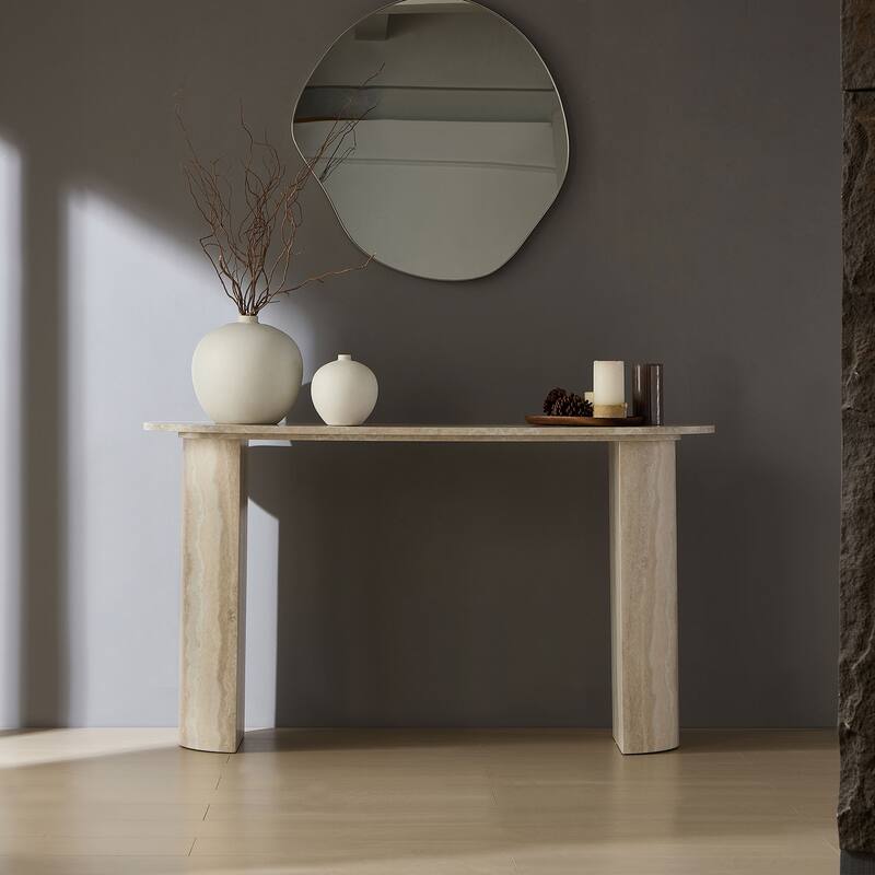 55.12 Inch Living Room Narrow Console Table, Modern Faux Marble Pattern Entryway Sofa Table with Oval Top