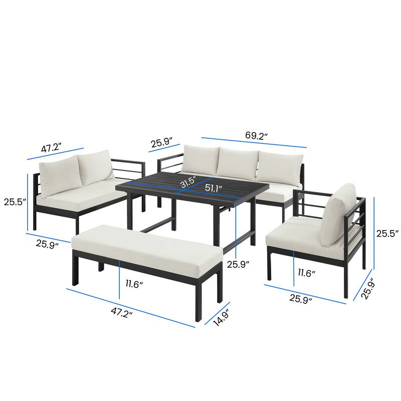 Corvus Galilee 5-Piece Iron Frame Outdoor Patio Set with Cushions and Rectangular Table