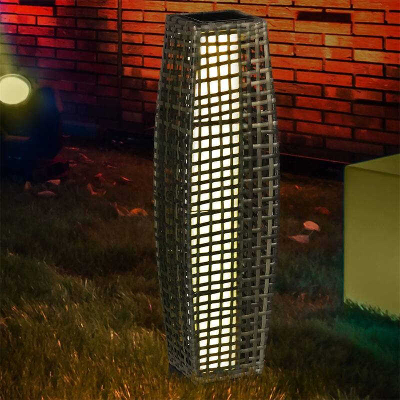 Waterproof Outdoor Solar Floor Lamp with LED Warm Light and Mixed Gray Rattan Design - 8.25" W x 8.25" D x 30.75" H
