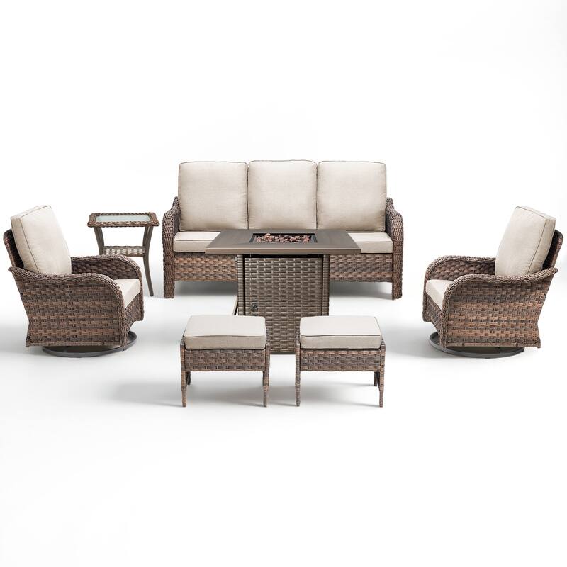 Pocassy Patio Sofa Swivel Chair Ottoman with Fire Table Funiture