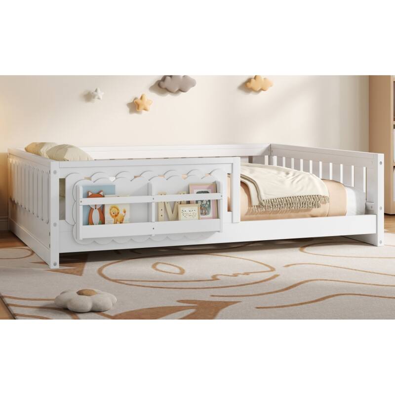 Roomfitters Full Size Wood Platform Bed with Guardrail and 2 Bookshelves