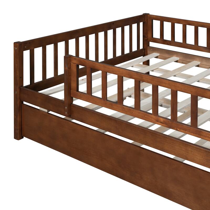 Full Size Wood Daybed with Trundle and Fence Guardrails in Walnut Finish