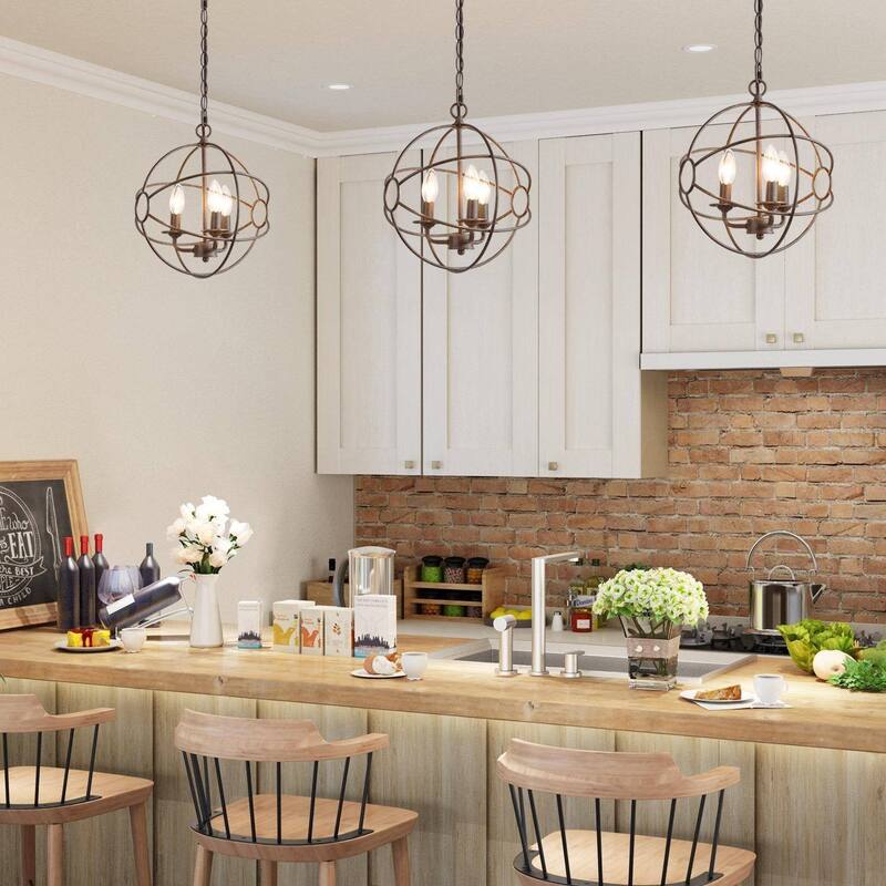Farmhouse Rustic 3-Light Metal Globe Chandelier Pendant Light for Kitchen Island Dining Room - 12"W x 14"H
