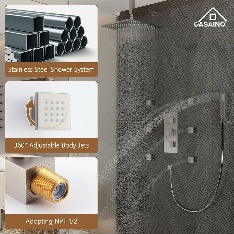 Celling 12 inch LED 3 Function Thermostatic Shower System with 6 Body Jets