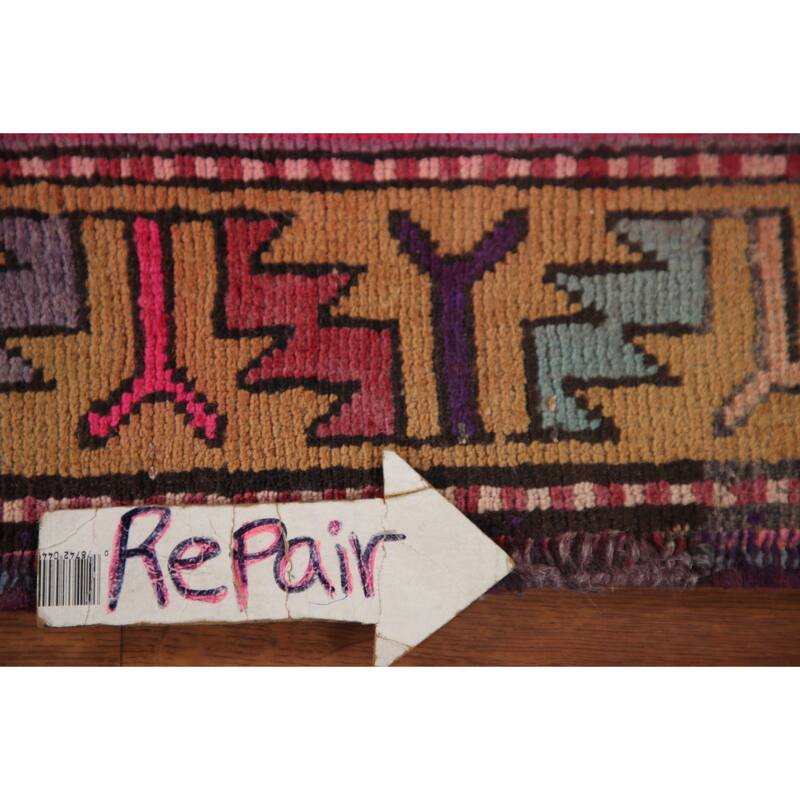 Ardebil Persian Vintage Runner Rug Handmade Geometric Wool Carpet - 3'8" x 10'6"