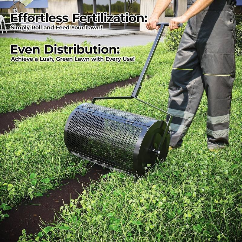 24 in Metal Mesh Compost Spreader - Adjustable Push Roller for Peat Moss Manure Top Dressing Mulch and Garden Fertilizer