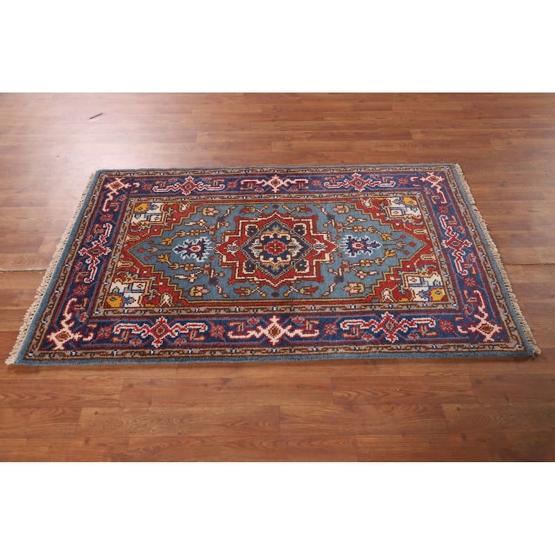 Blue Geometric Heriz Serapi Oriental Foyer Rug Handmade Wool Carpet - 3'0"x 5'0"