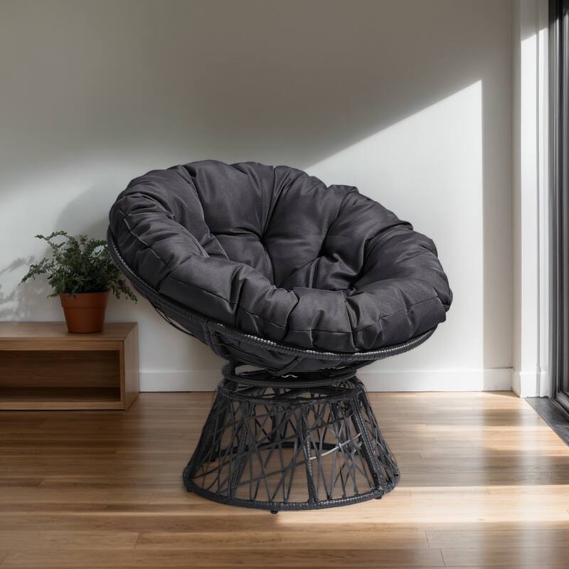 38 Inch Wicker Papasan Chair with Rotating Cushioned Seat - 38" x 33.5" x 32" - Black-Grey