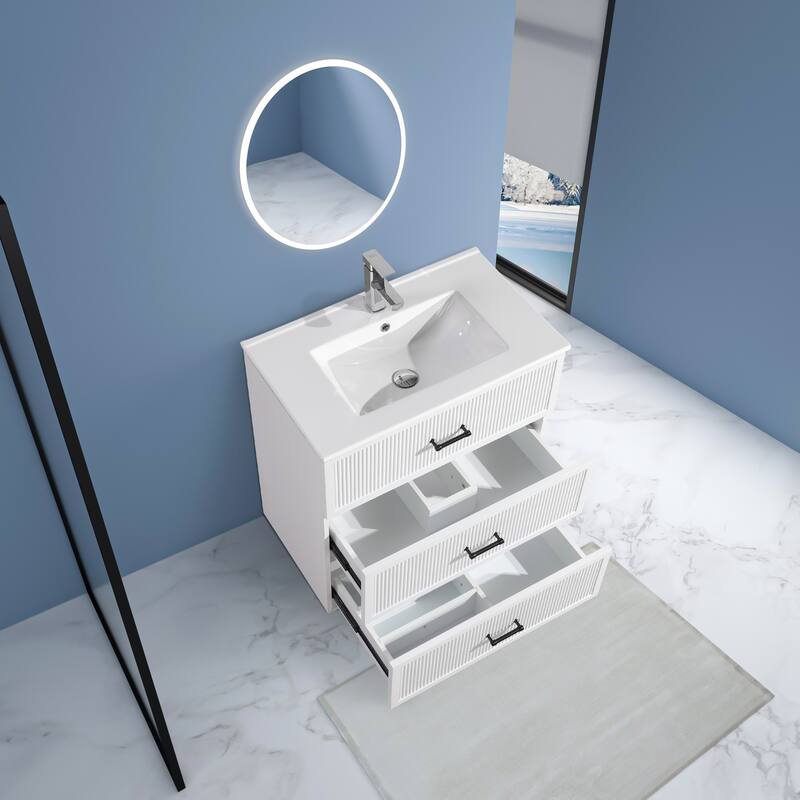 30" Freestanding Bathroom Vanity with Ceramic Sink and 2 Storage Drawers, Stylish Gray Floor Cabinet