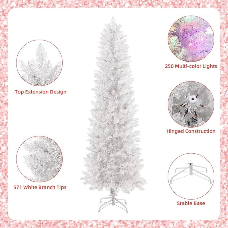 6ft Pre-Lit White Pencil Christmas Tree with 250 Color Changing LED Lights