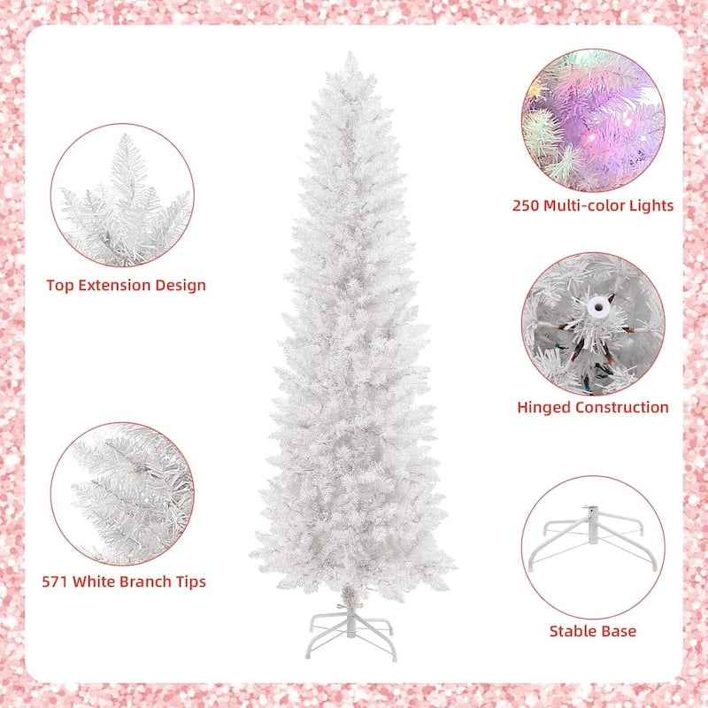 6ft White Pencil Christmas Tree with 250 Warm White & Colored Change Lights