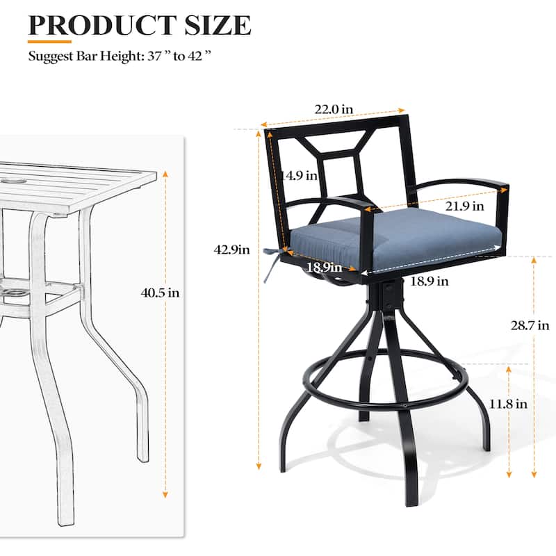 Outdoor Patio Barstool Swivel Aluminum Bar Stools with Sunbrella Fabric Cushion