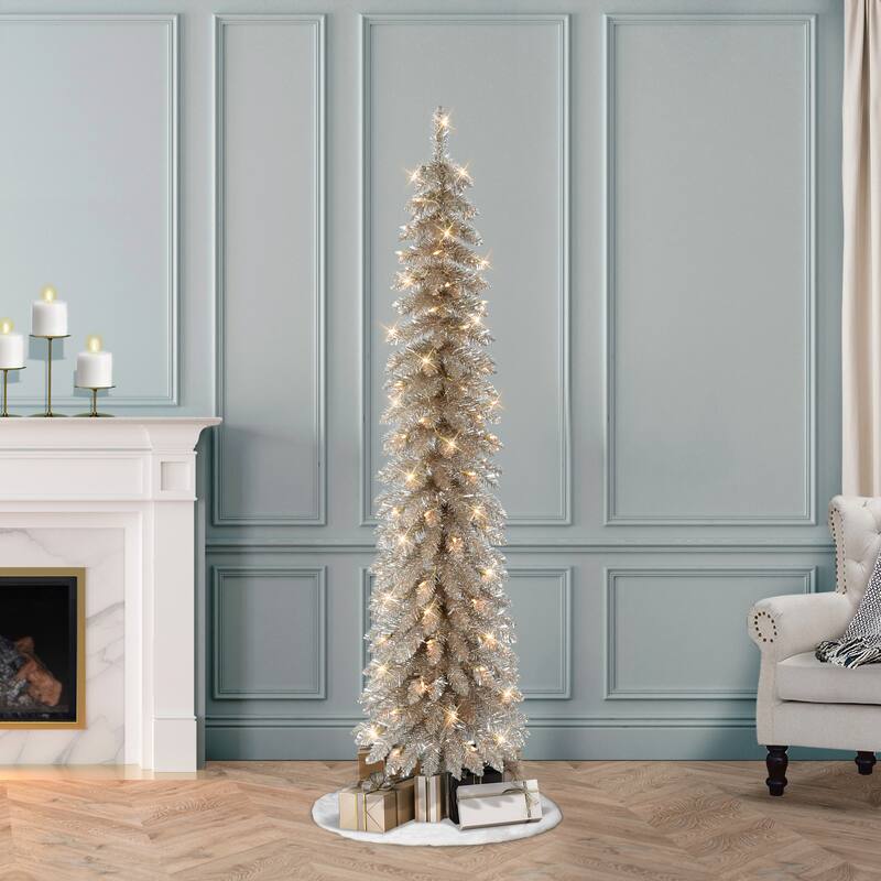 Puleo International 6' Pre-Lit Artificial Alpine Rose Gold Pencil Tree