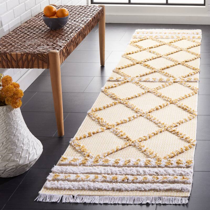 SAFAVIEH Augustine Saori Rustic Trellis Fringe Rug - 2' x 9' Runner - Gold/Ivory