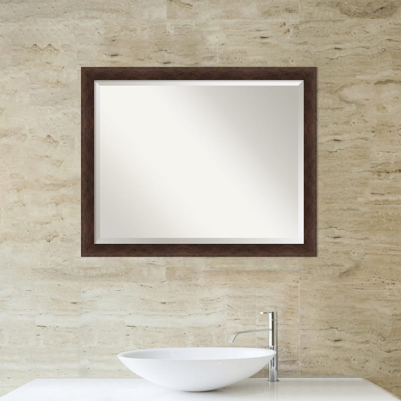 Warm Walnut Narrow Beveled Wood Framed Bathroom Vanity Wall Mirror - Warm Walnut Narrow