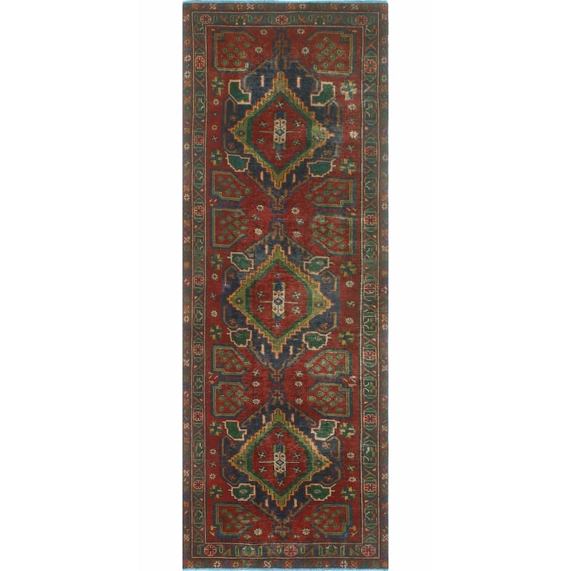 Fine Vintage Distressed Erleen Red/Navy Runner - 3'8" x 10'6"