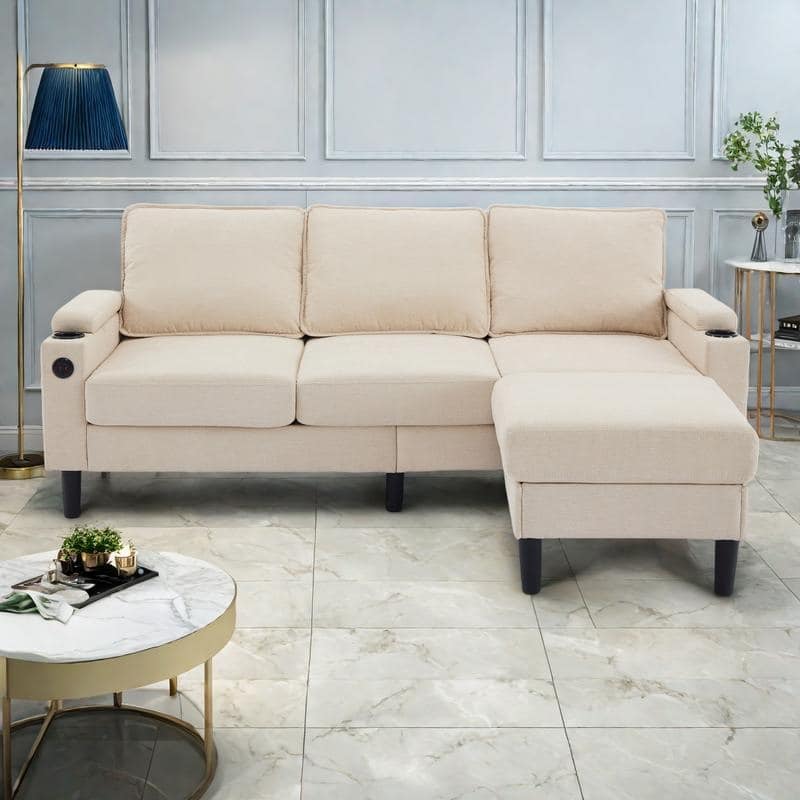 78'' Fabric L-Shaped 3-Seater Sectional Sofa with Storage Ottoman, USB Port, Cup Holders, and Magazine Bags - Beige