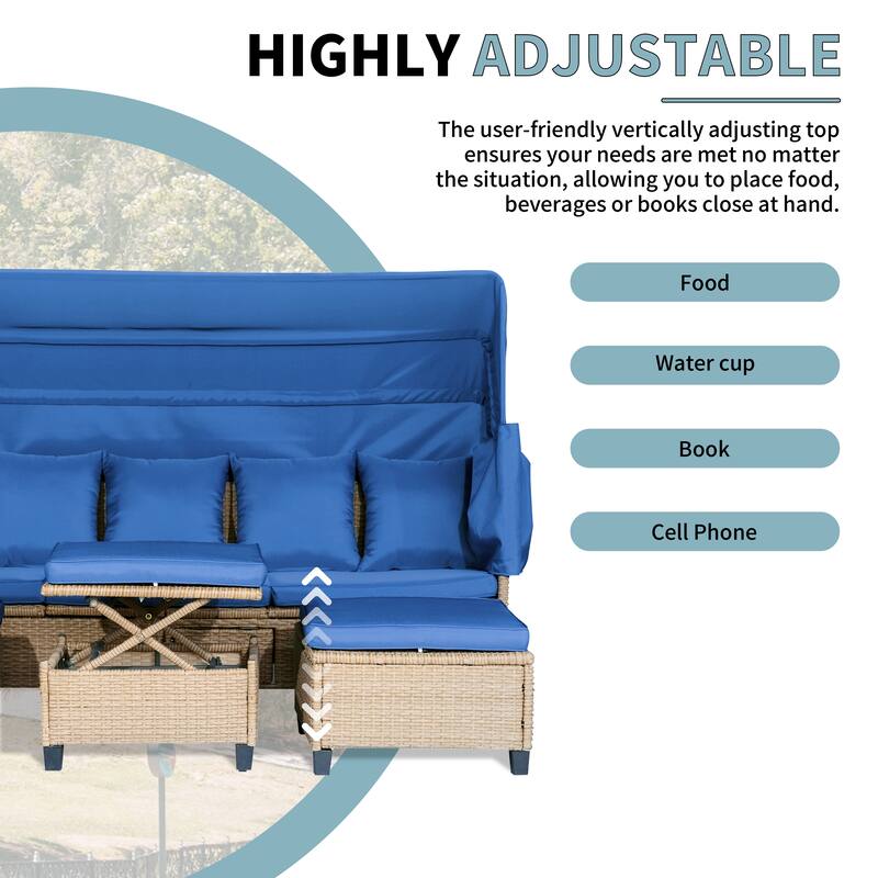 Roomfitters 4-Piece UV-Proof Wicker Patio Sofa Set with Retractable Canopy, Cushions and Lifting Table
