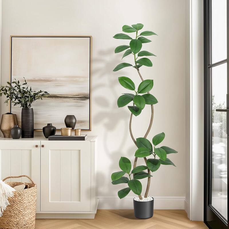 Artificial Plant Faux Fiddle Leaf Fig Tree with Black Sphere Resin Planter
