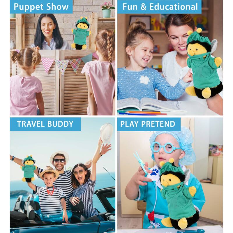 DolliBu Honeybee Hand Puppet Doctor Plush with Scrub Uniform and Cap - 10 inches