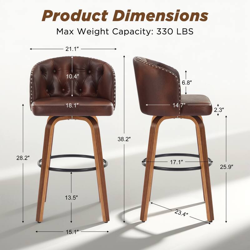 Faux Leather Upholstered Wood Frame Swivel Counter Stools / Bar Stools, Set of 2
