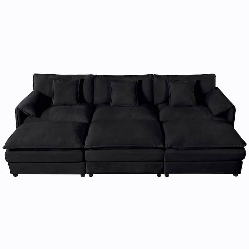 Oversized Deep Seat Sectional Sofa Sleeper with 3 Ottomans, Modular Couch Bed, Chenille, Black