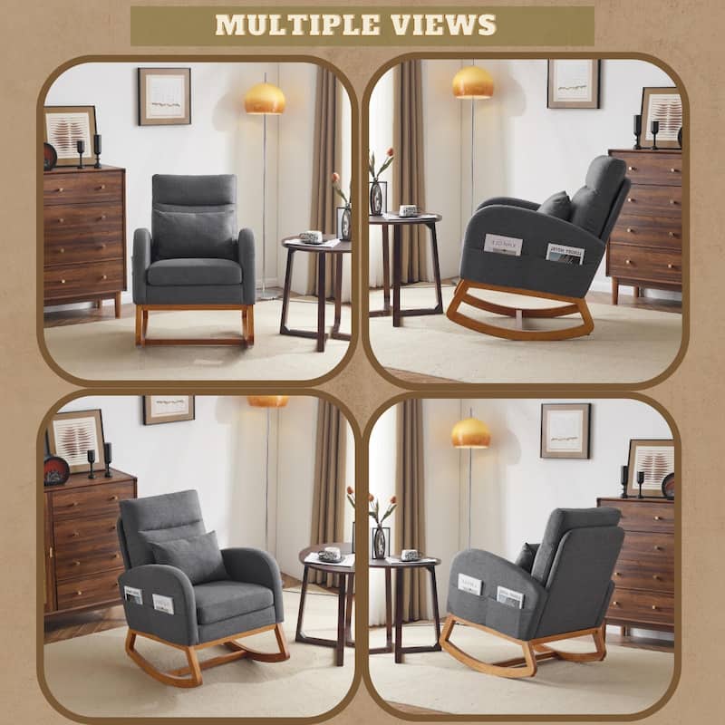 High Back Linen Rocking Chair with Lumbar Pillow Ergonomic Padded Armrests Solid Wood Frame Comfortable Indoor Rocker