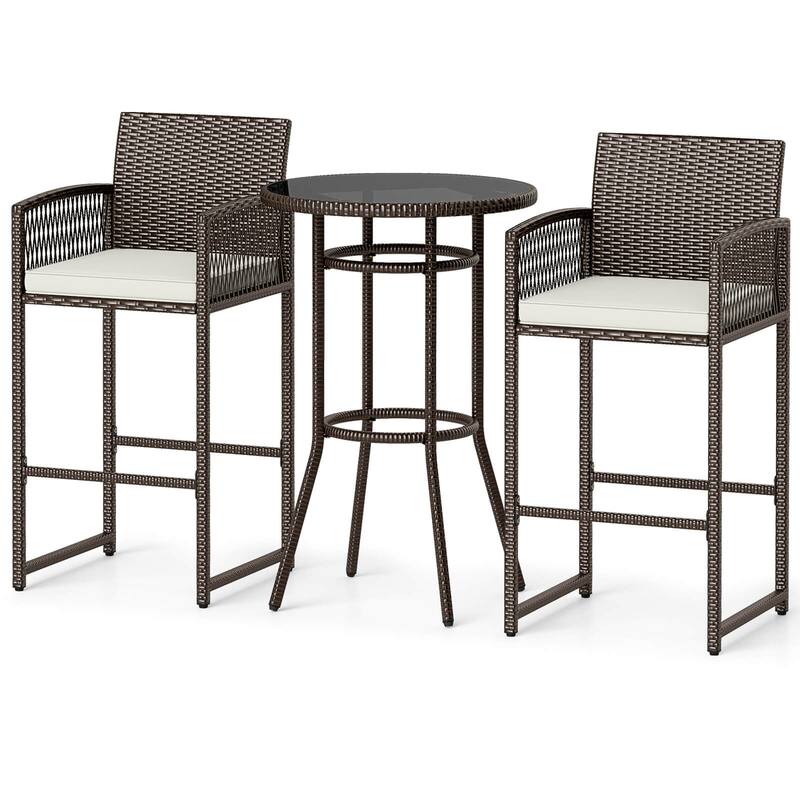 Costway 3 Piece Wicker Patio Bar Set with 2 Seat Cushions Glass - See Details