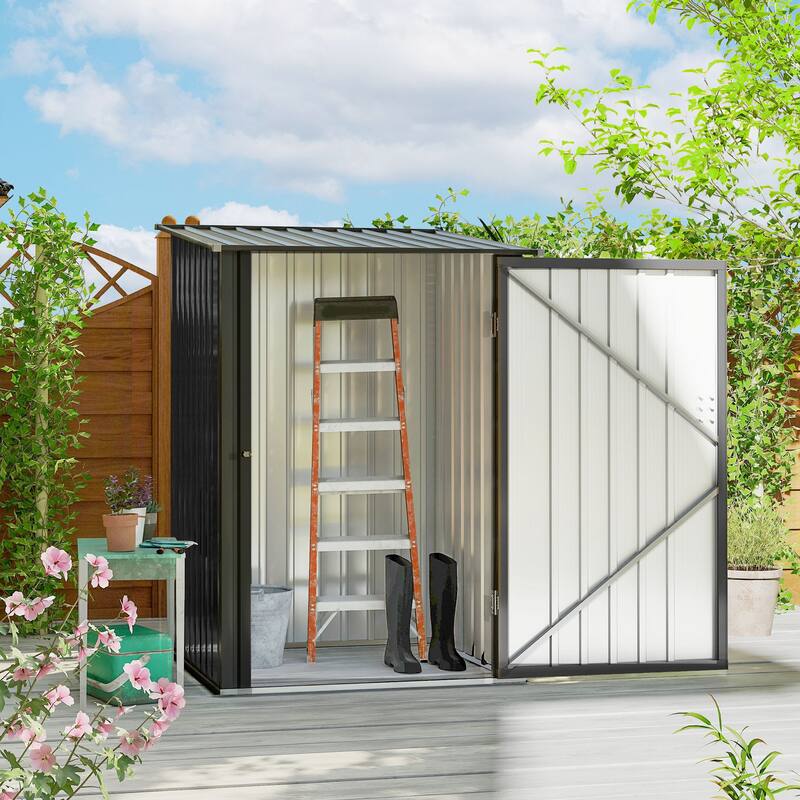 Outsunny 3.3' x 3.4' Lean-to Garden Storage Shed, Outdoor Galvanized Steel Tool House with Lockable Door for Patio Garden - 39.25" x 40.5" x 63" - Grey