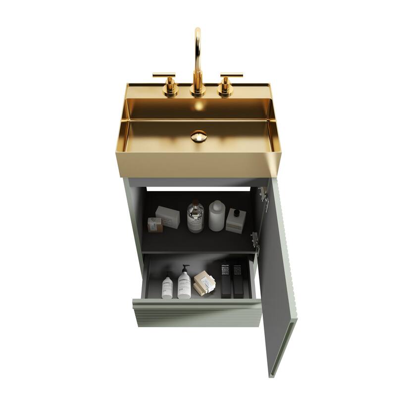 20" Striped Bathroom Vanity with Integrated Brushed Gold Metal Vessel Bathroom Sink, Freestanding Bathroom Cabinet