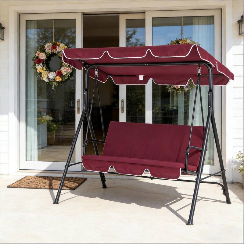 GDFStudio Outdoor Kael Steel Swing Bench with Adjustable Canopy and Cushions for Three