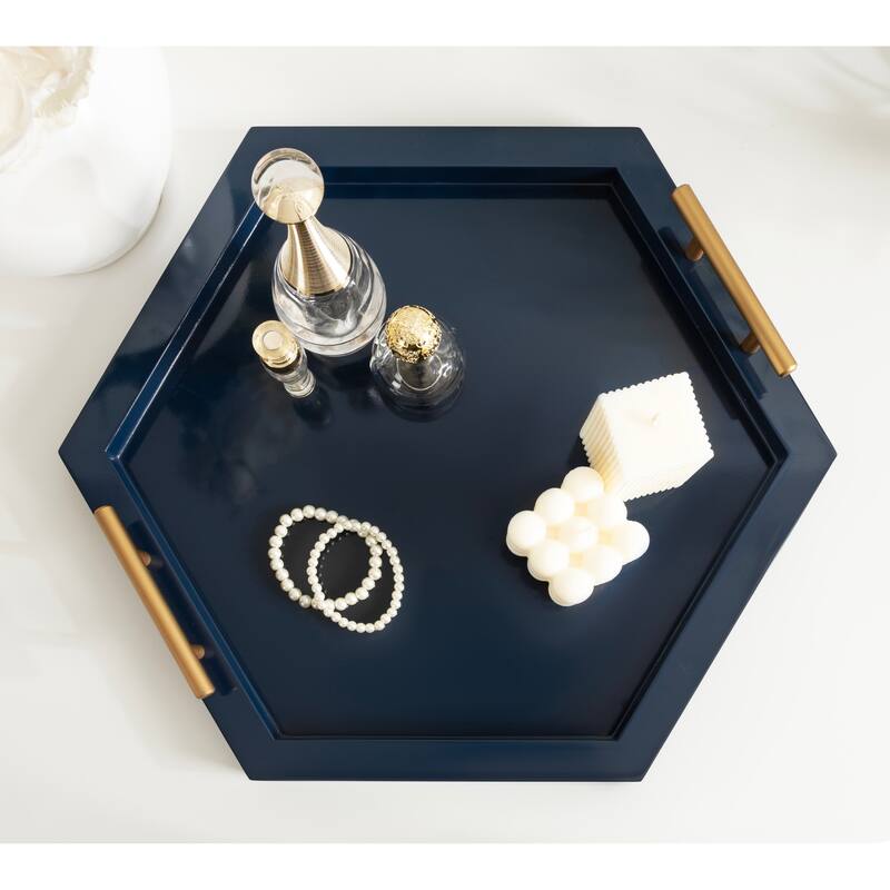 Halsey Hexagon Decorative Wood Tray with Polished Metal Handles