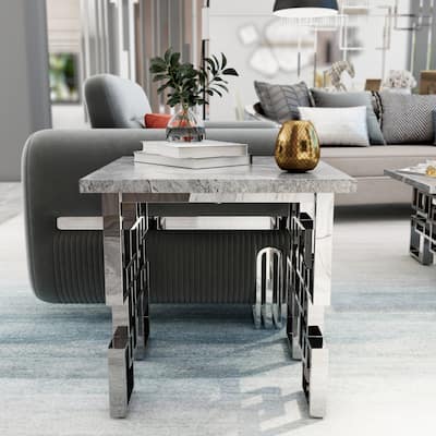 24 inch Gray Faux Marble and Silver End Table Couch Side Table