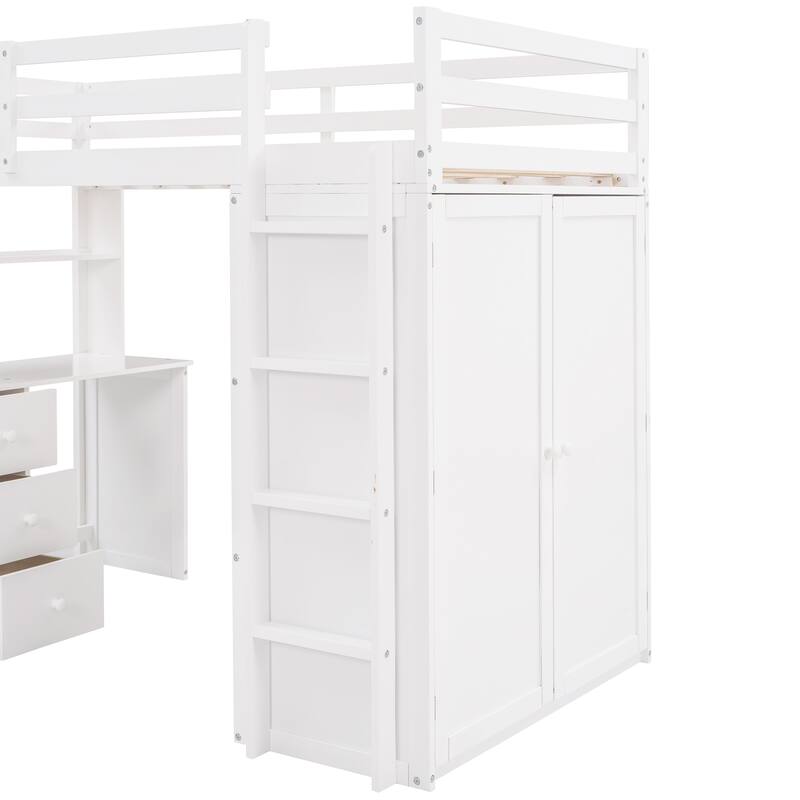 Space-Saving Twin Loft Bed with Desk, Wardrobe & Drawers in White