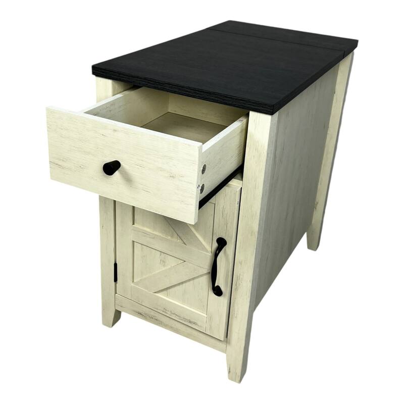 Farmhouse End Table Side Table with Charging Station, White Black Storage Cabinet File Cabinet with Drawer