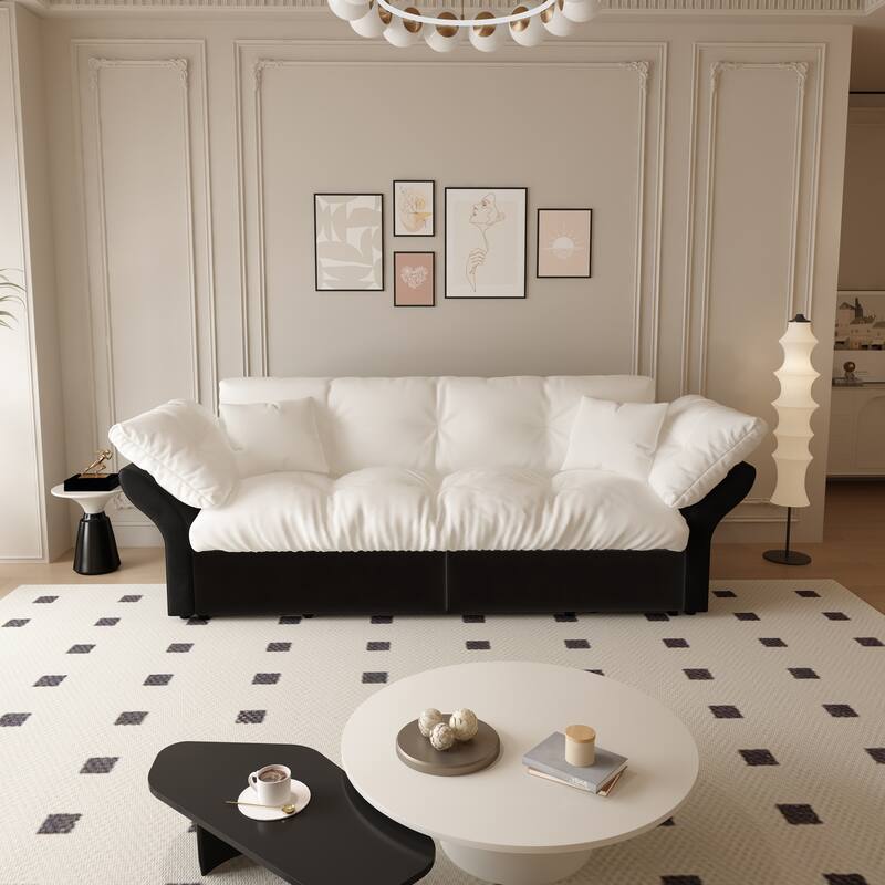 74.8" Queen Pull Velvet Out Sofa Bed, 3-in-1 Convertible Sleeper Tufted Sofa with 2 Soft Pillows-White