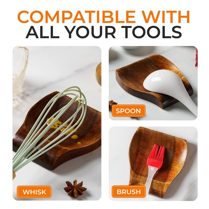 Cheer Collection Teak Wood Spoon Rest with Non-Slip Base, Curved Drip Catch Design