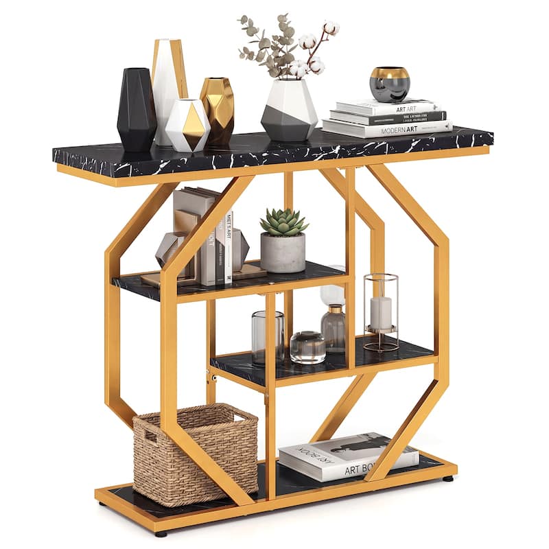 Gymax 40'' Console Table w/Storage Shelves Geometric Metal Frame for - Black - MDF