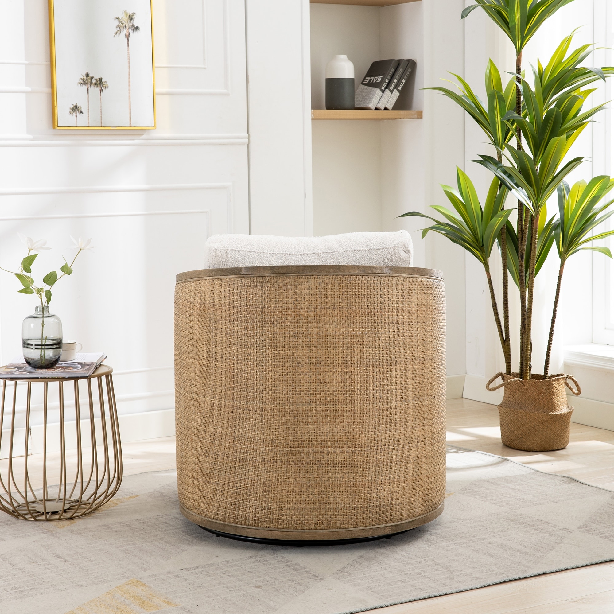 Beige Modern 30.12" Upholstered 360° Swivel Barrel Chair with Sturdy Hardwood Frame