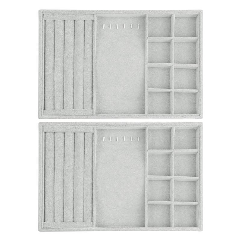 Set of 2 Stackable Velvet Jewelry Organizer Trays with Removable Dividers for Drawers, Jewelry Organizer Drawer Case - Grey - Necklace/Ring/8 Grid Tray