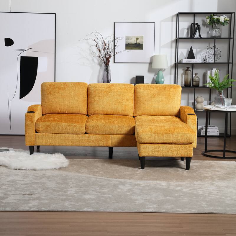 Modular Sectional Sofa with Storage Ottoman, Comfy Chenille Fabric Sofa, 3-Seater Sofa with Side Pockets & 2 Cup Holders